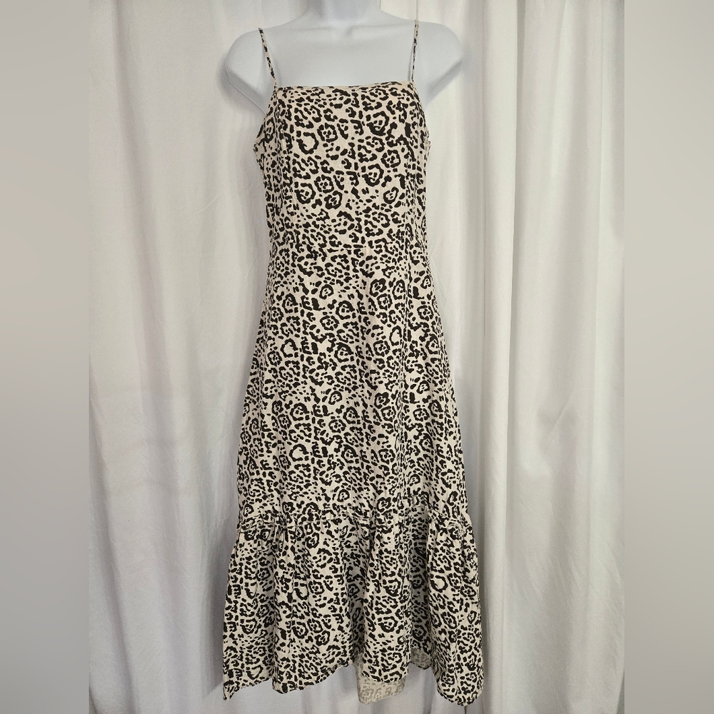 Saks Fifth Ave Leopard Print Spaghetti Strap Linen High Low Summer Dress Size S - Picture 3 of 10